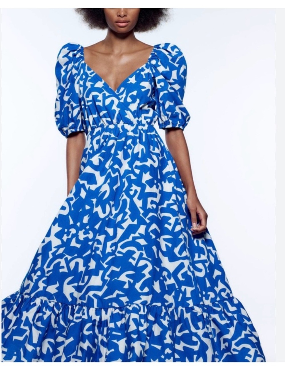 ZARA Blue Abstract Print Puff-Sleeve Maxi Dress